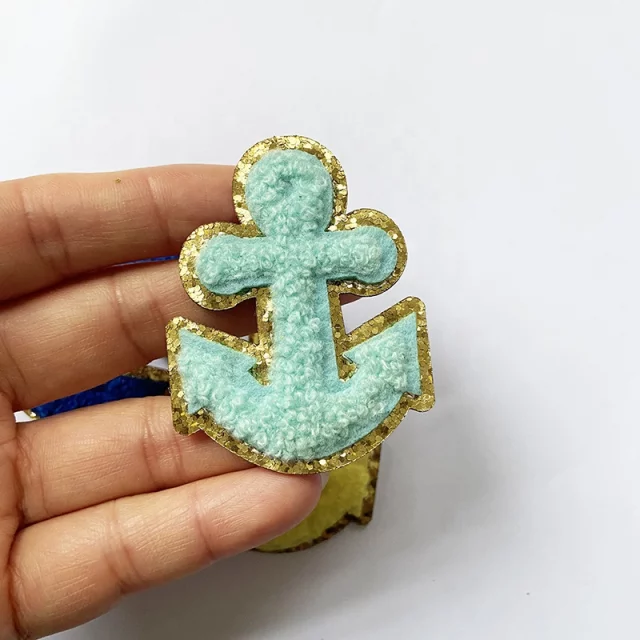 Blue Anchor Gold Glitter Iron On Patches