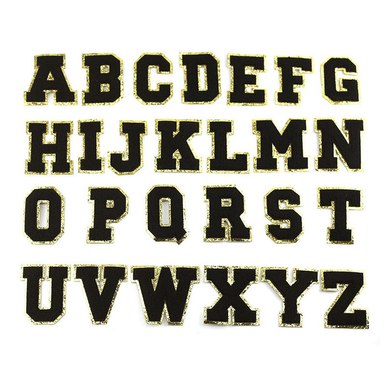 Black Chenille Iron On Gold Glitter Letter Patches