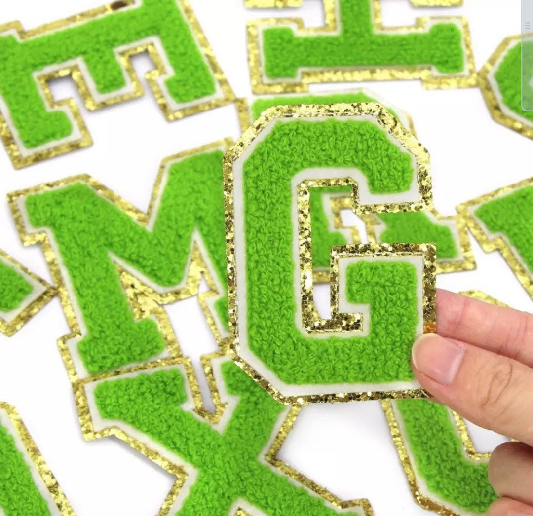 Green Chenille Iron On Gold Glitter Letter Patches