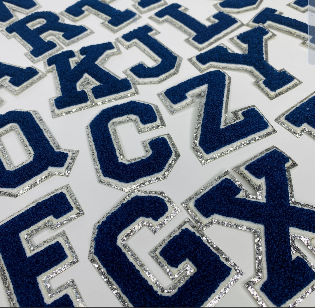 Navy Blue Chenille Iron On SILVER Glitter Letter Patches