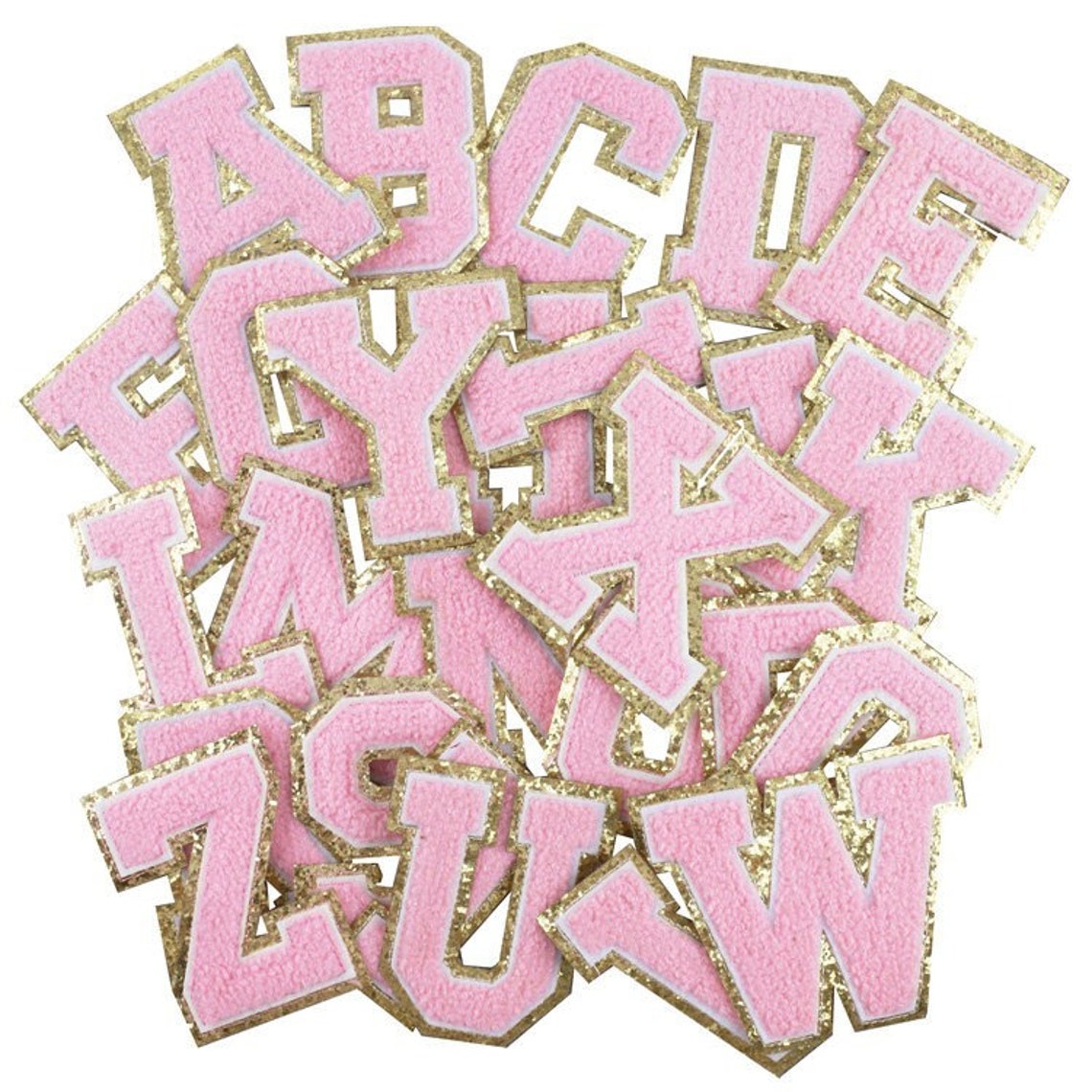 Light Pink Chenille Iron On Gold Glitter Letter Patches – Scratch Decor