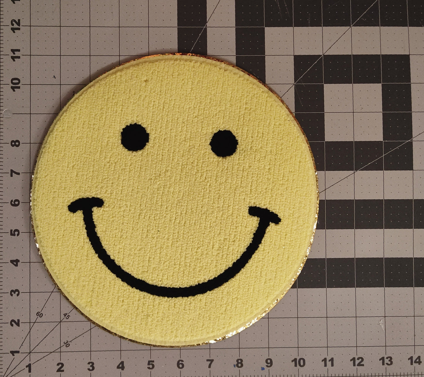Large Yellow Smile Chenille Gold Glitter Iron On Patch