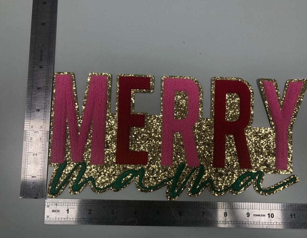 Merry Mama Christmas Chenille on Gold Glitter Iron-on Patch