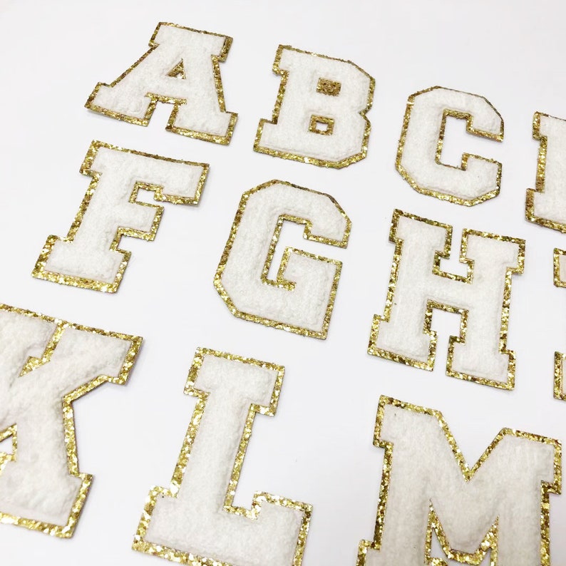 White Chenille Iron On Gold Glitter Letter Patches – Scratch Decor