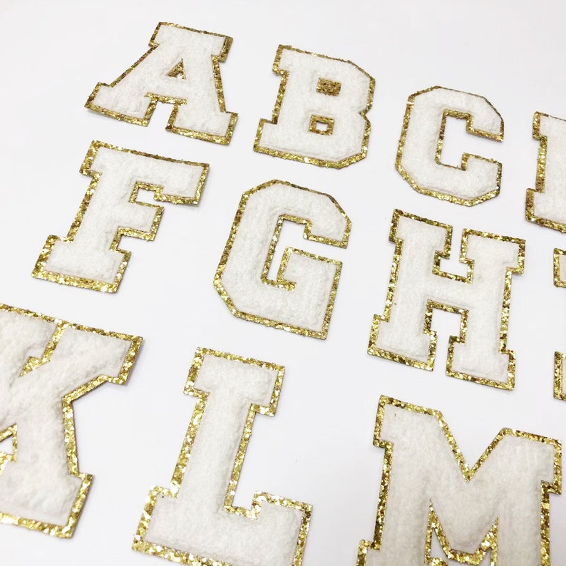 White Chenille Iron On Gold Glitter Letter Patches
