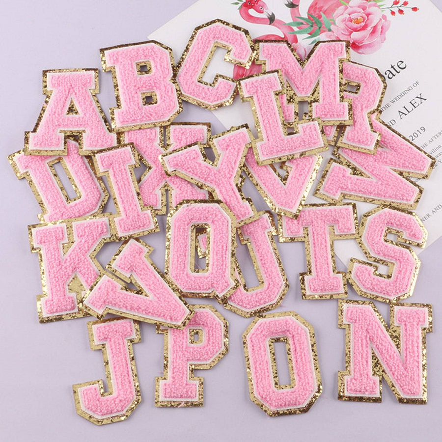 Light Pink Chenille Iron On Gold Glitter Letter Patches