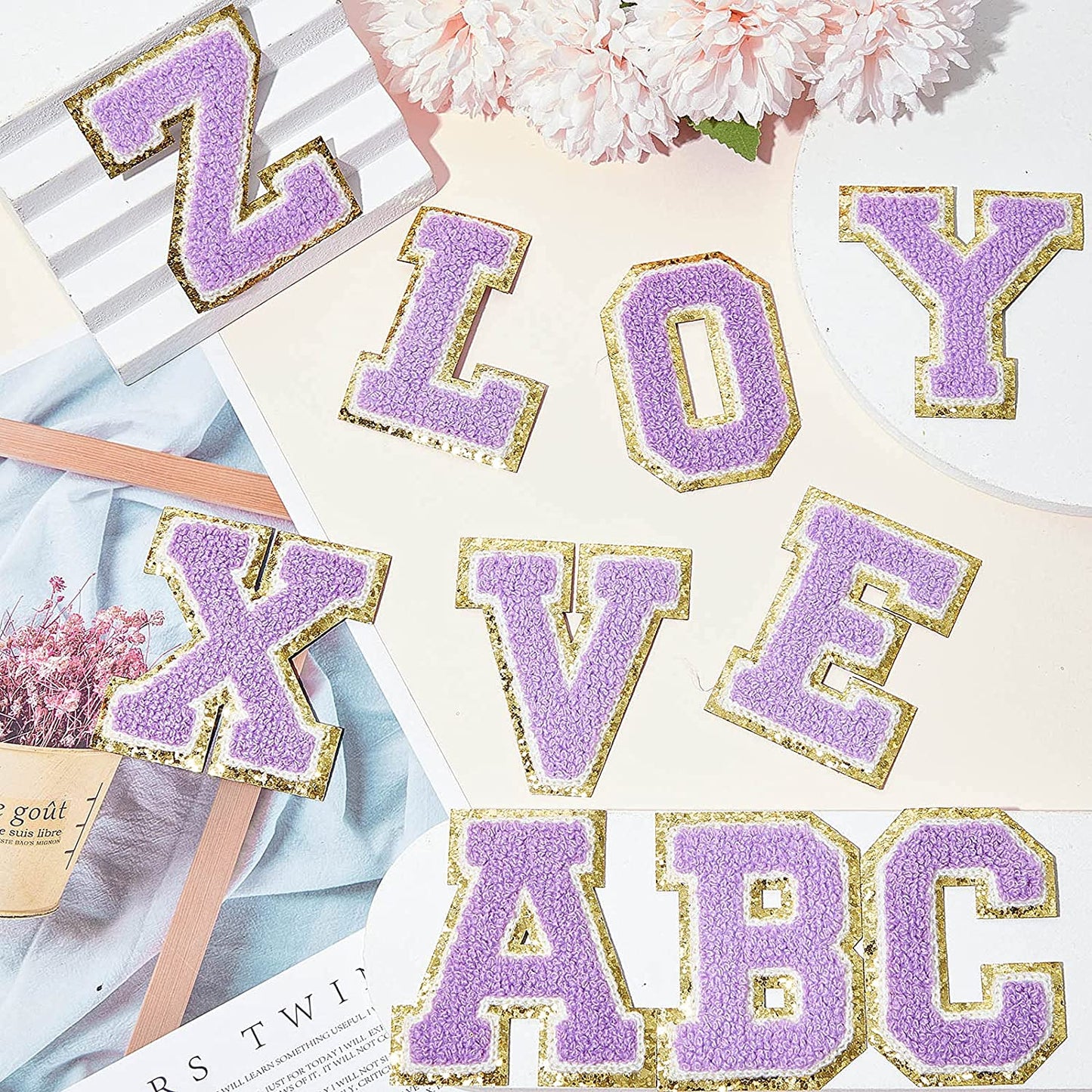 Purple Chenille Iron On Gold Glitter Letter Patches