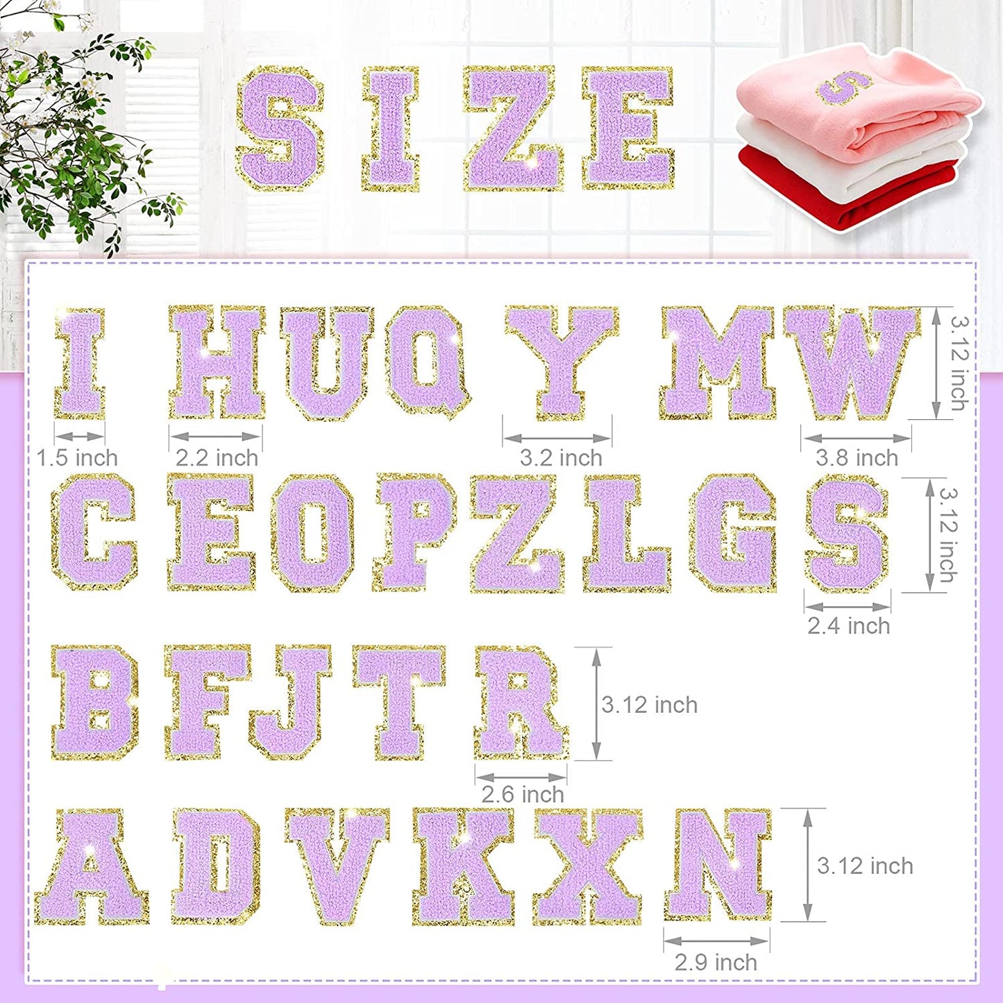 Purple Chenille Iron On Gold Glitter Letter Patches
