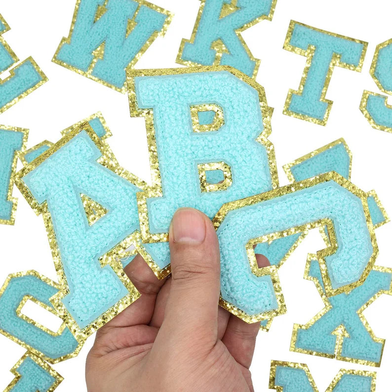 Teal Chenille Iron On Gold Glitter Letter Patches