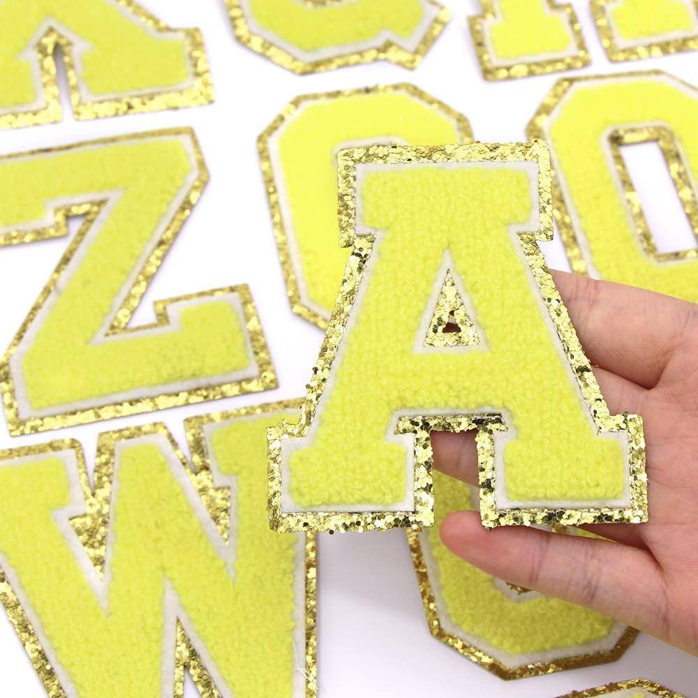Yellow Chenille Iron On Gold Glitter Letter Patches