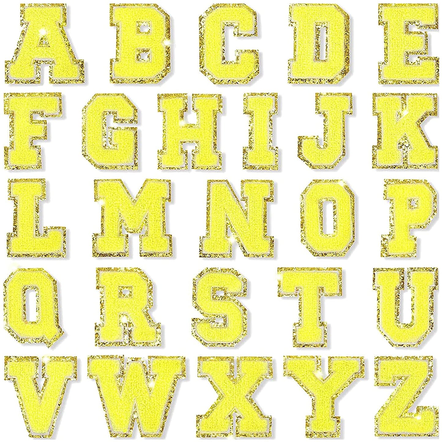 Yellow Chenille Iron On Gold Glitter Letter Patches