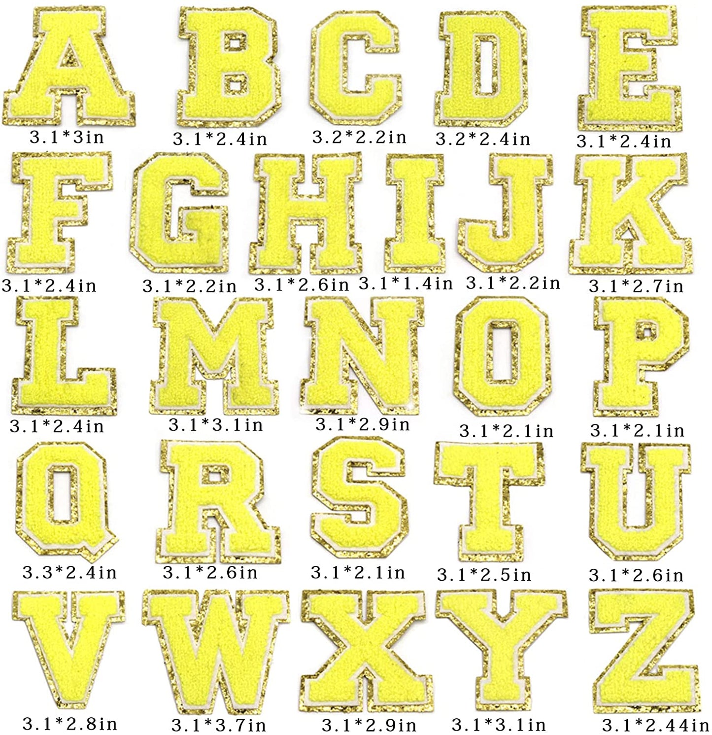 Yellow Chenille Iron On Gold Glitter Letter Patches
