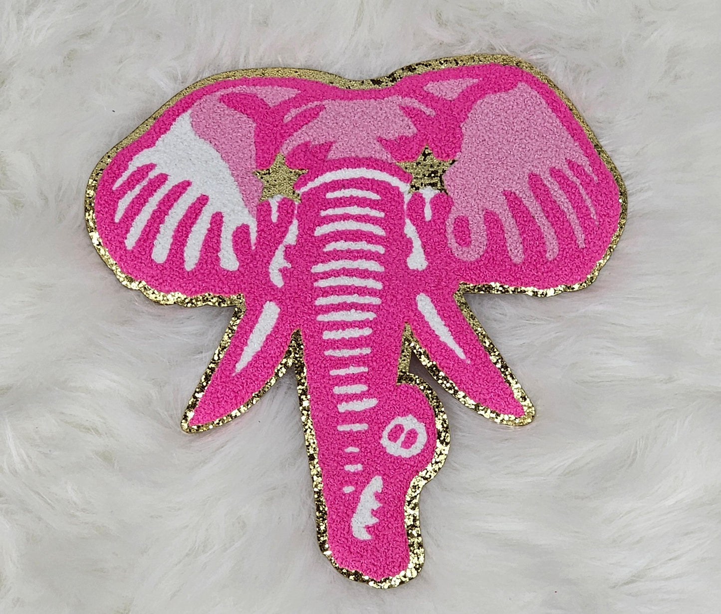 Hot Pink Elephant Mascot with Star Eyes Large Chenille Iron-on Patch