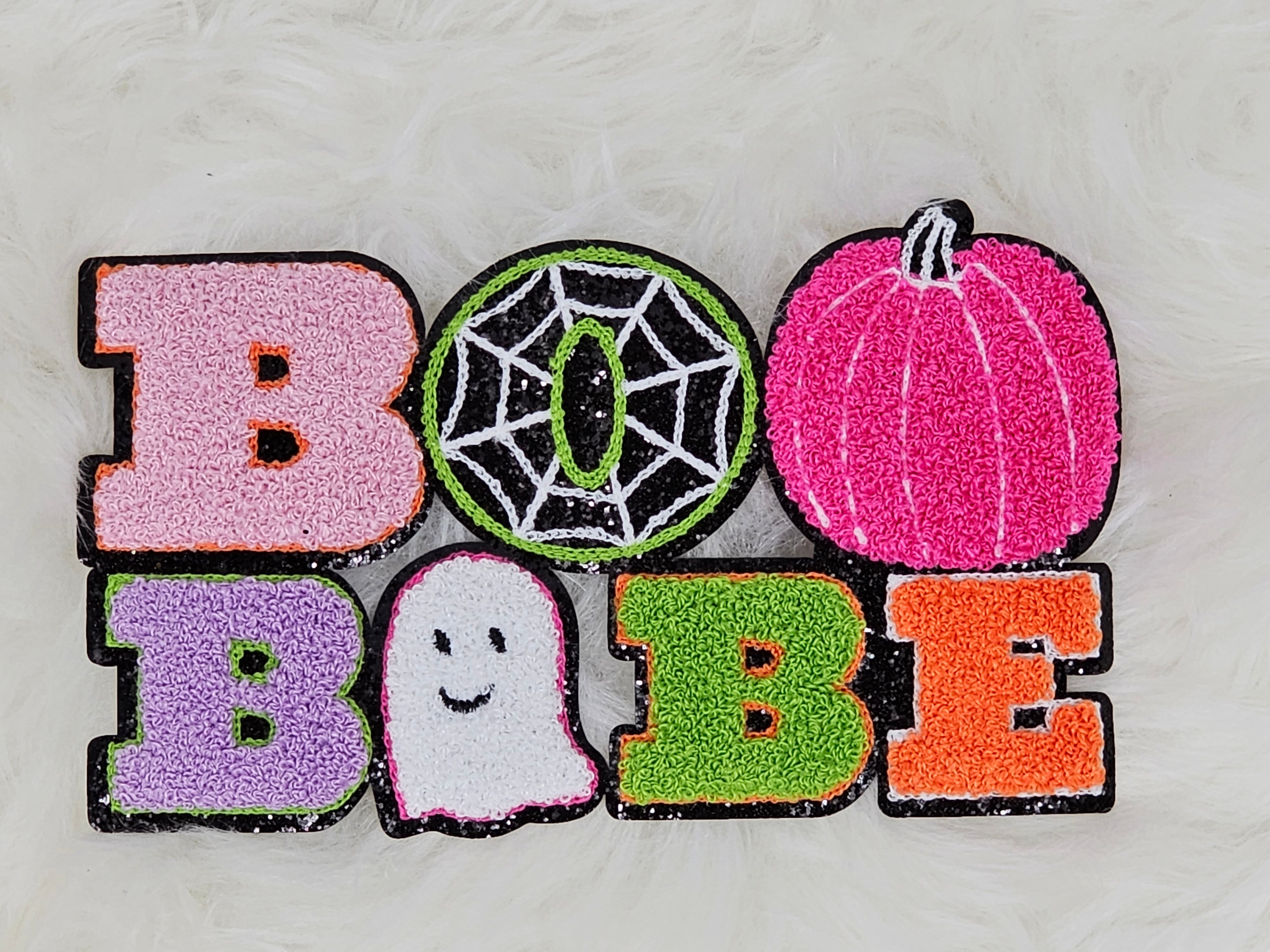 Large Boo Babe with Pumpkin and Ghost on Black Glitter Iron On Patch ...