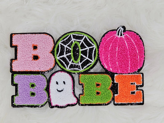 Large Boo Babe with Pumpkin and Ghost on Black Glitter Iron On Patch