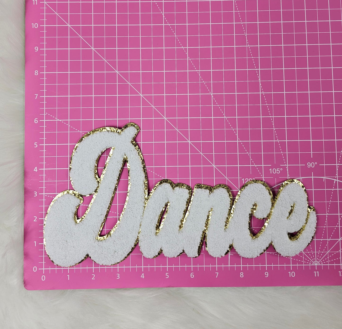 Large Cursive Dance Chenille Gold Glitter Iron-on Patch