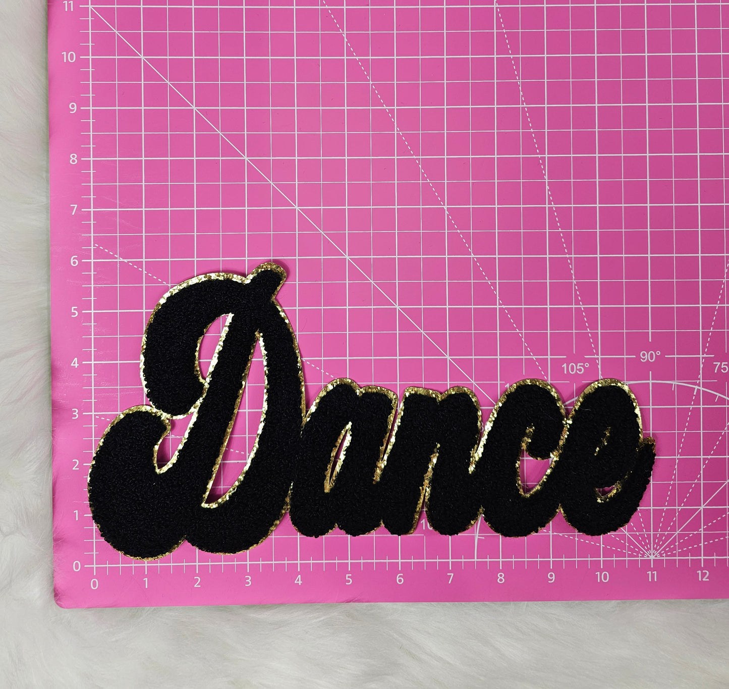 Large Cursive Dance Chenille Gold Glitter Iron-on Patch