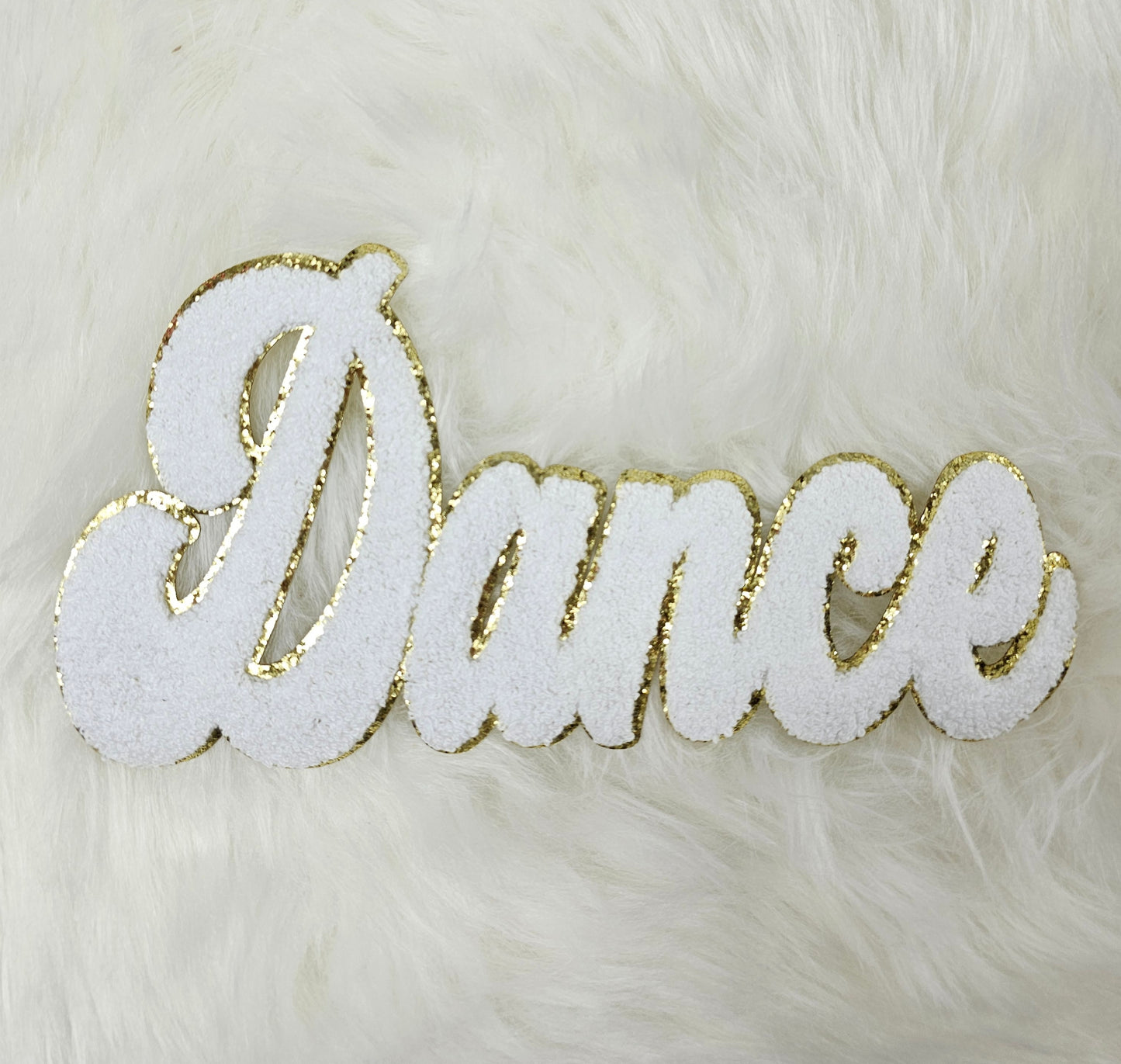 Large Cursive Dance Chenille Gold Glitter Iron-on Patch