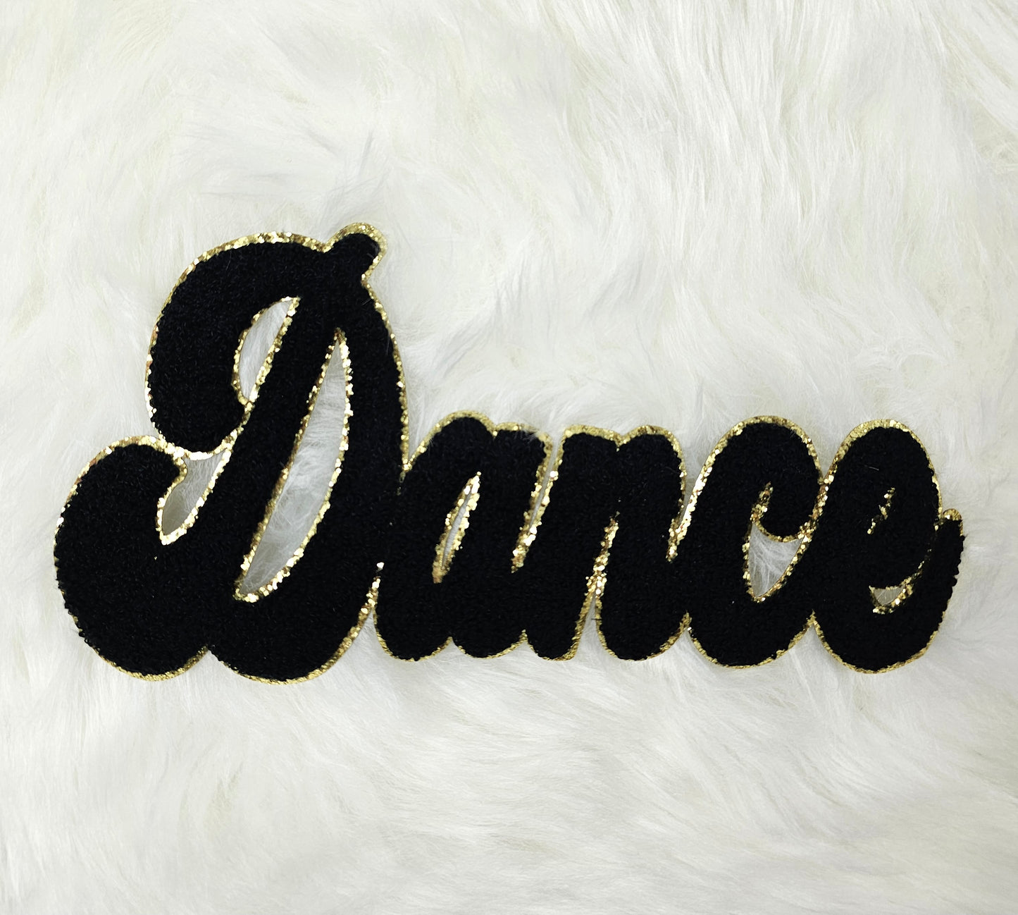 Large Cursive Dance Chenille Gold Glitter Iron-on Patch