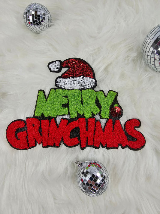 Merry Grinchmas Chenille Sequin Black Glitter Iron-on Patch