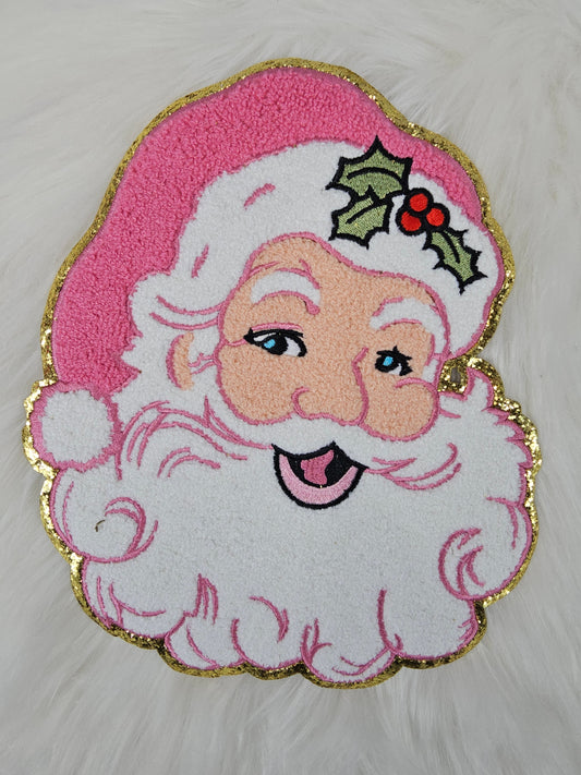 Light Pink Santa with Wreath Pink Hat Large Chenille Iron-on Patch