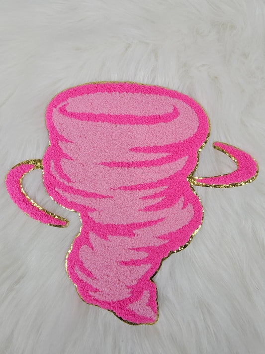 Hot Pink Tornado Storm Cyclone Large Mascot with Gold Star Eyes Chenille Iron-on Patch