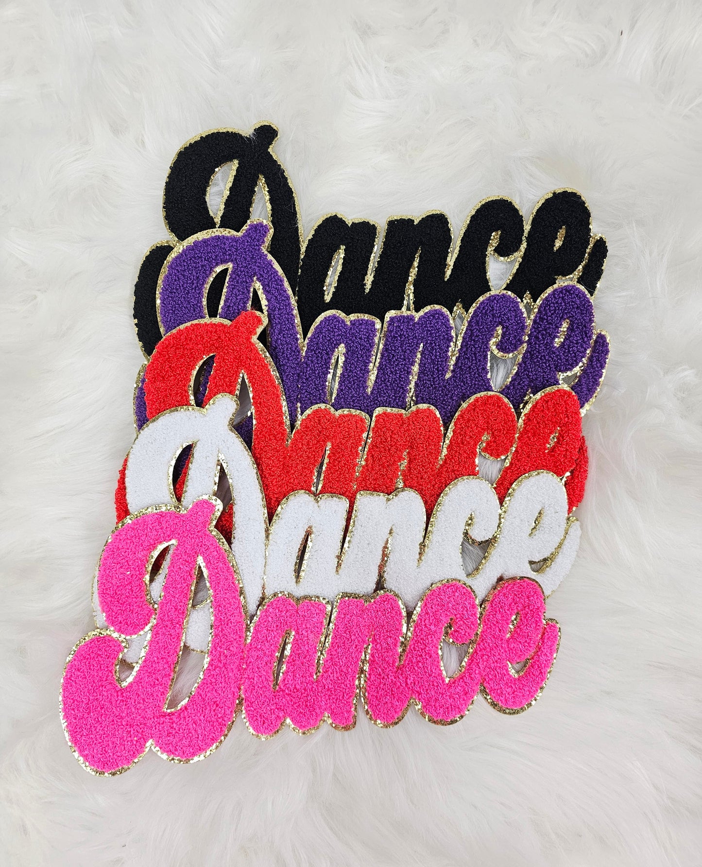 Large Cursive Dance Chenille Gold Glitter Iron-on Patch