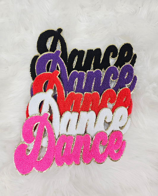 Large Cursive Dance Chenille Gold Glitter Iron-on Patch