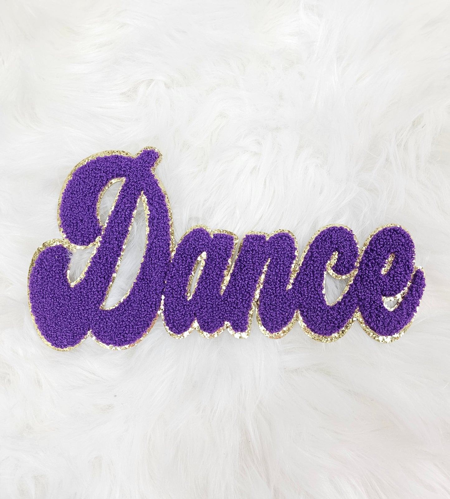 Large Cursive Dance Chenille Gold Glitter Iron-on Patch