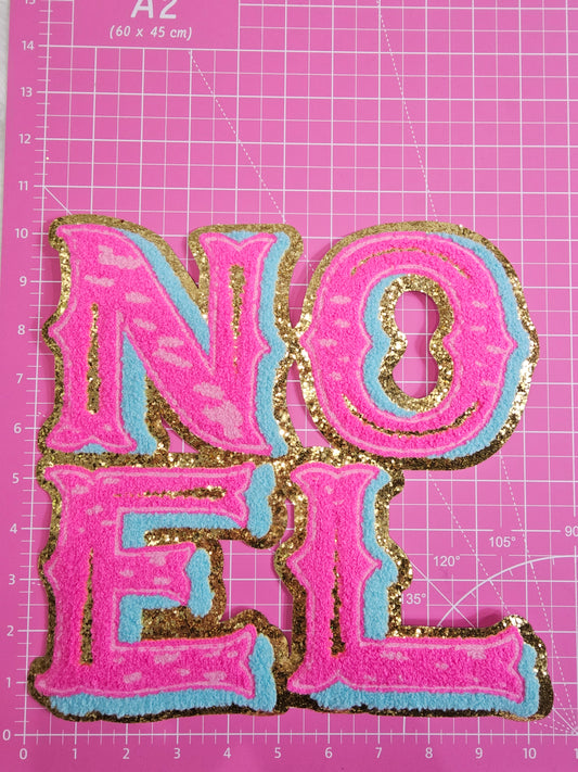 NOEL in Hot Pink and Teal with Gold Glitter Chenille Iron-on Patch