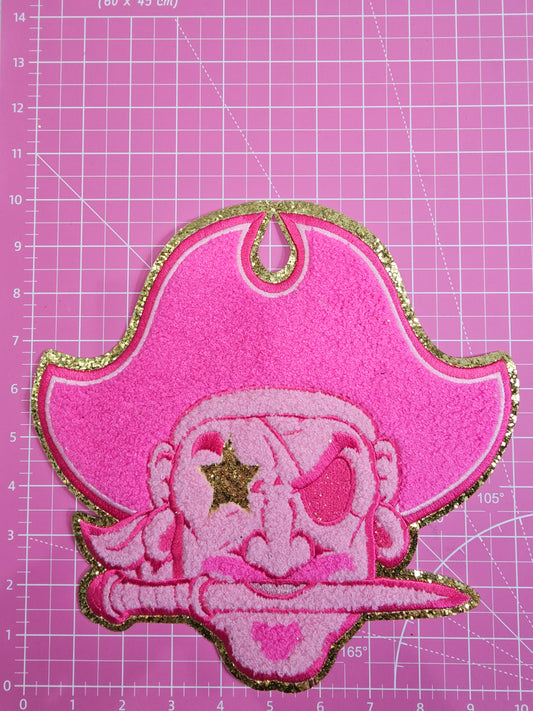 Hot Pink Pirate Mascot on Gold Glitter Chenille Iron-on Patch