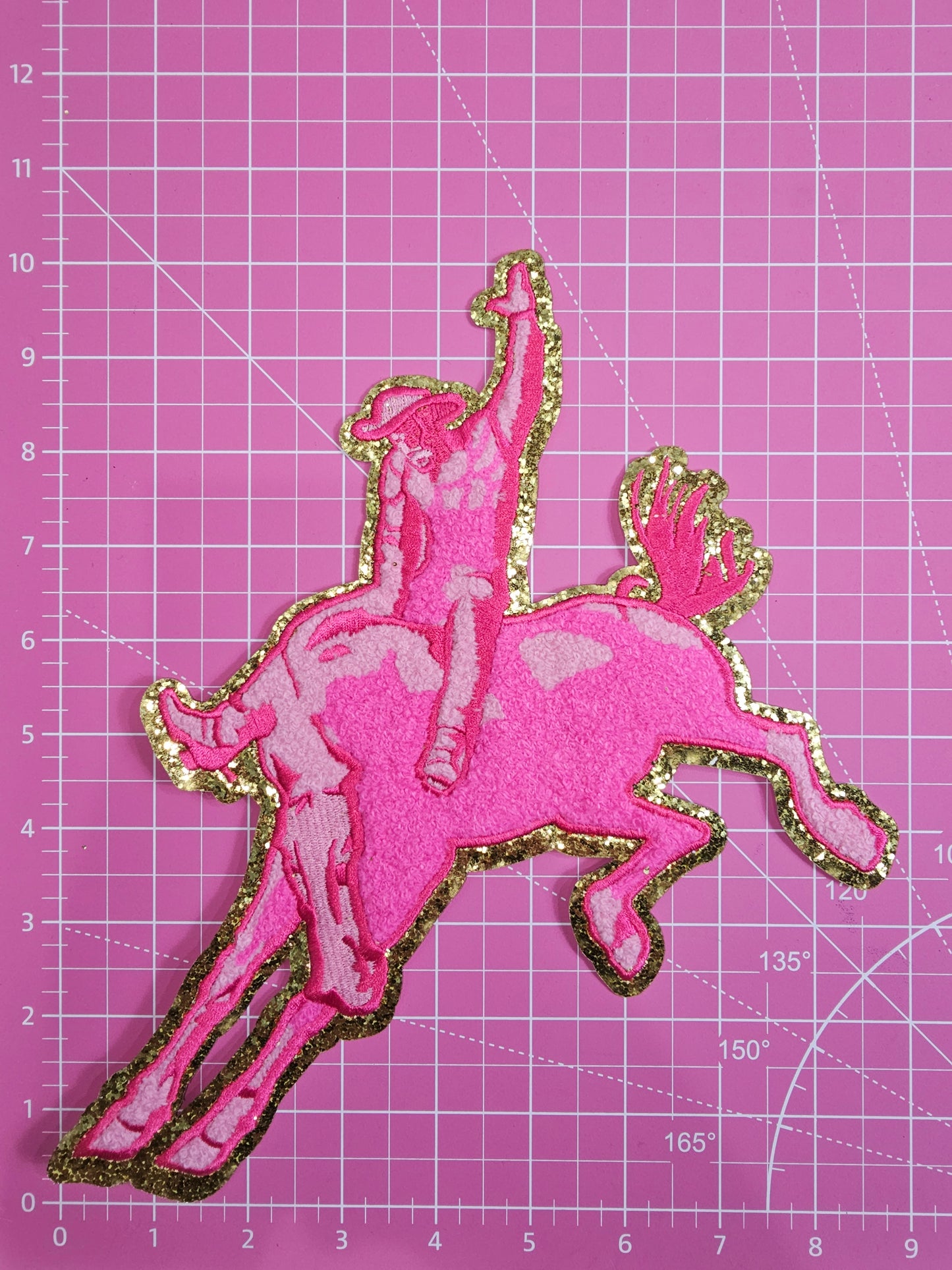 Hot Pink Bronc Rider Rodeo Horse Cowboy Mascot on Gold Glitter Chenille Iron-on Patch