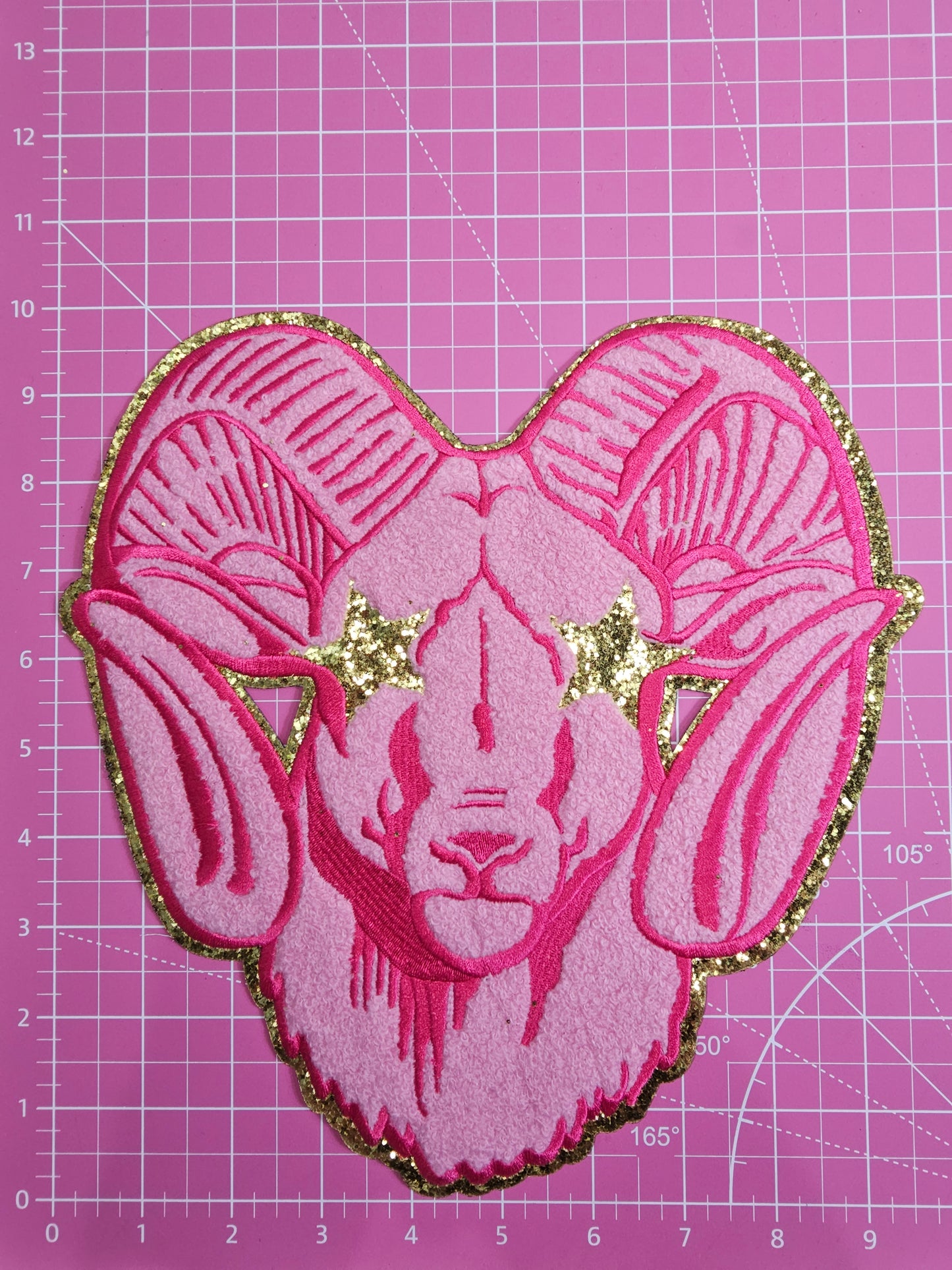 Hot Pink Ram Big Horn Sheep Goat Mascot on Gold Glitter Chenille Iron-on Patch