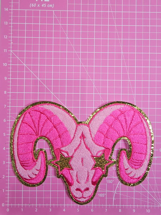 Hot Pink Skull Horns Ram Big Horn Sheep Goat Mascot on Gold Glitter Chenille Iron-on Patch