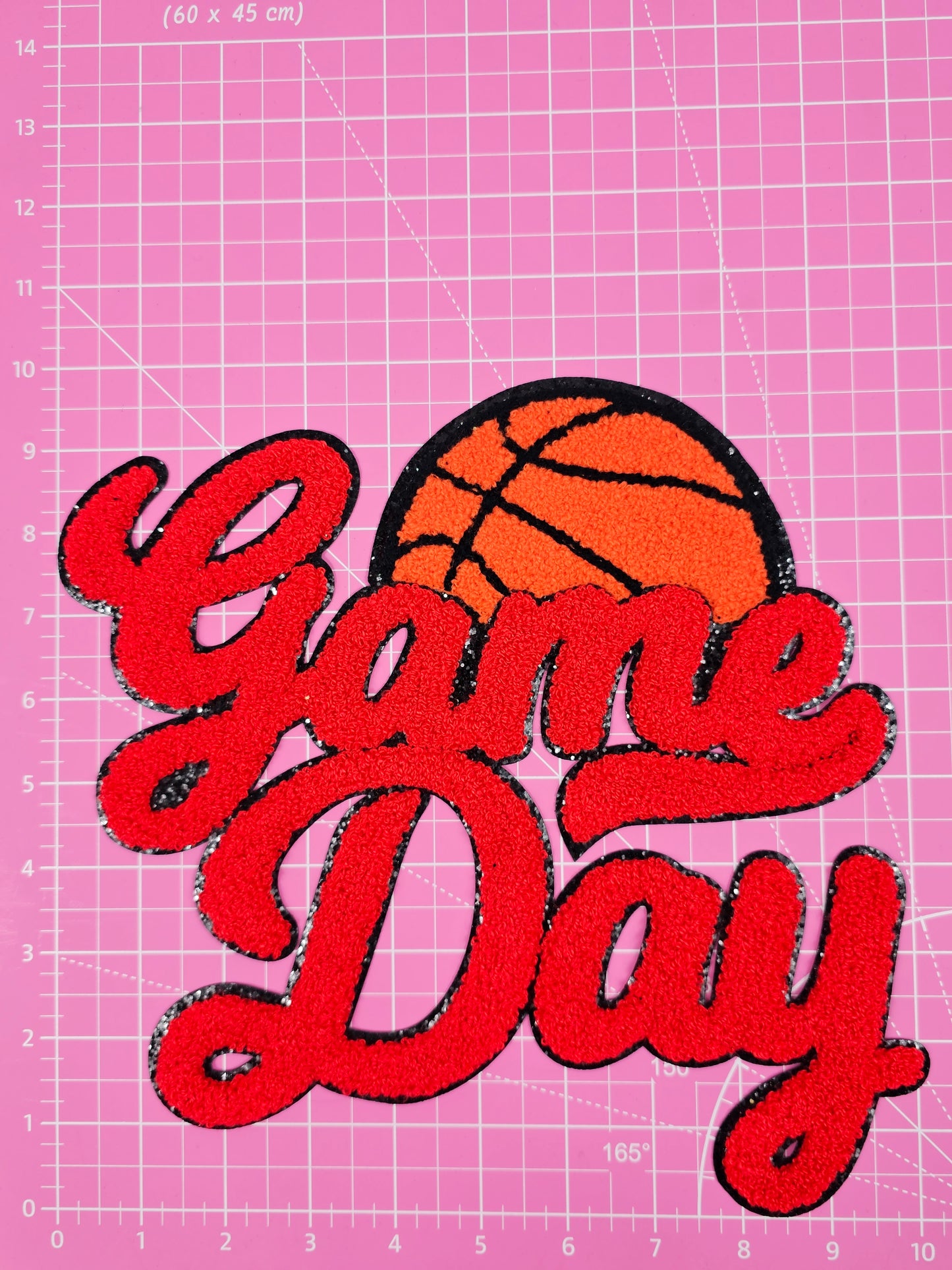 Red Game Day Basketball Chenille Iron-on Black Glitter Patch