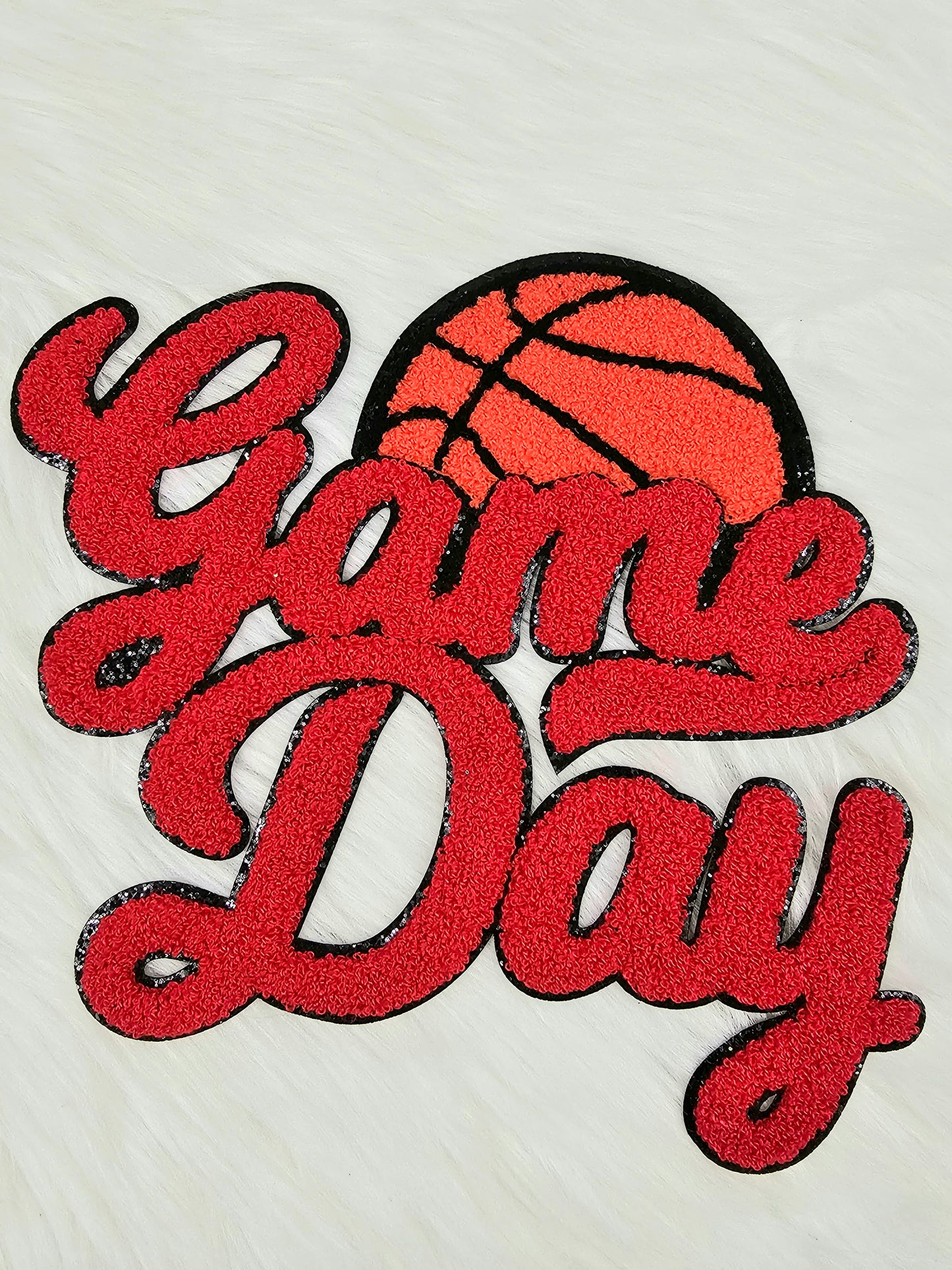 Red Game Day Basketball Chenille Iron-on Black Glitter Patch