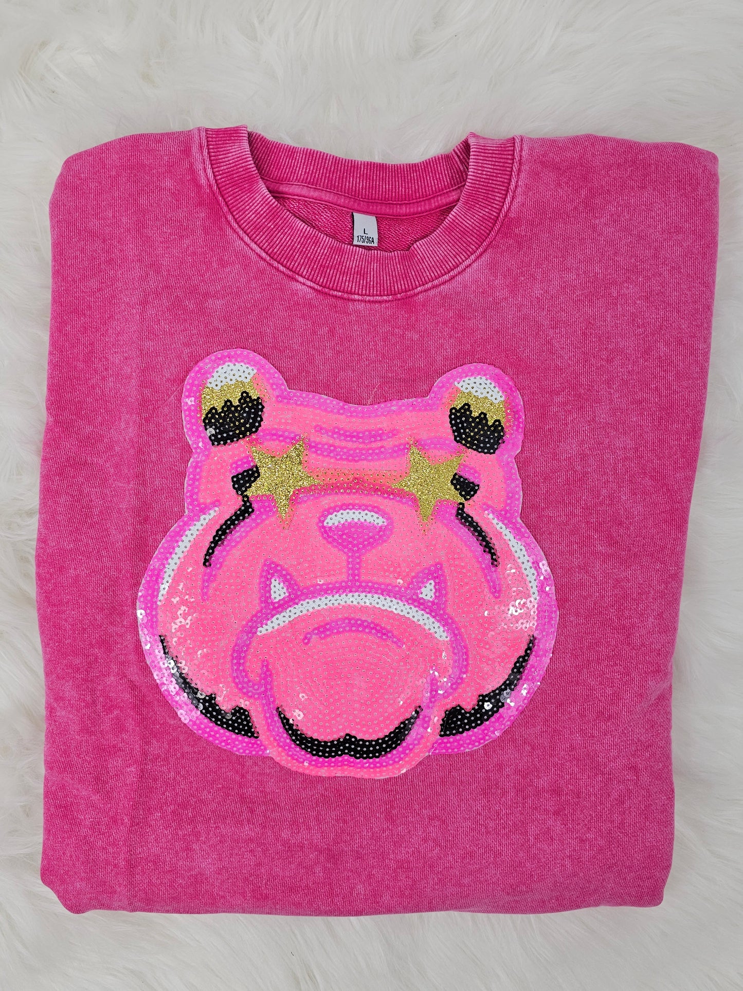 Hot Pink Bulldog Mascot Sequin on Acid Wash Crews by Pretty Preppy Co.