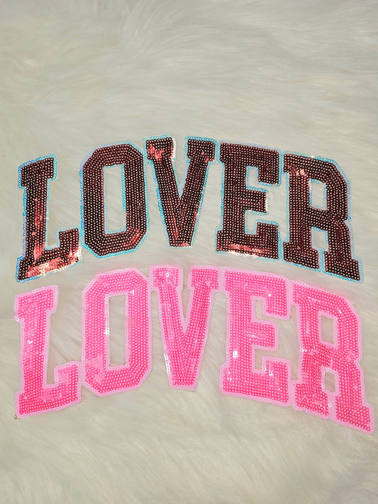 LOVER Pink or Red Sequin Iron On Patch