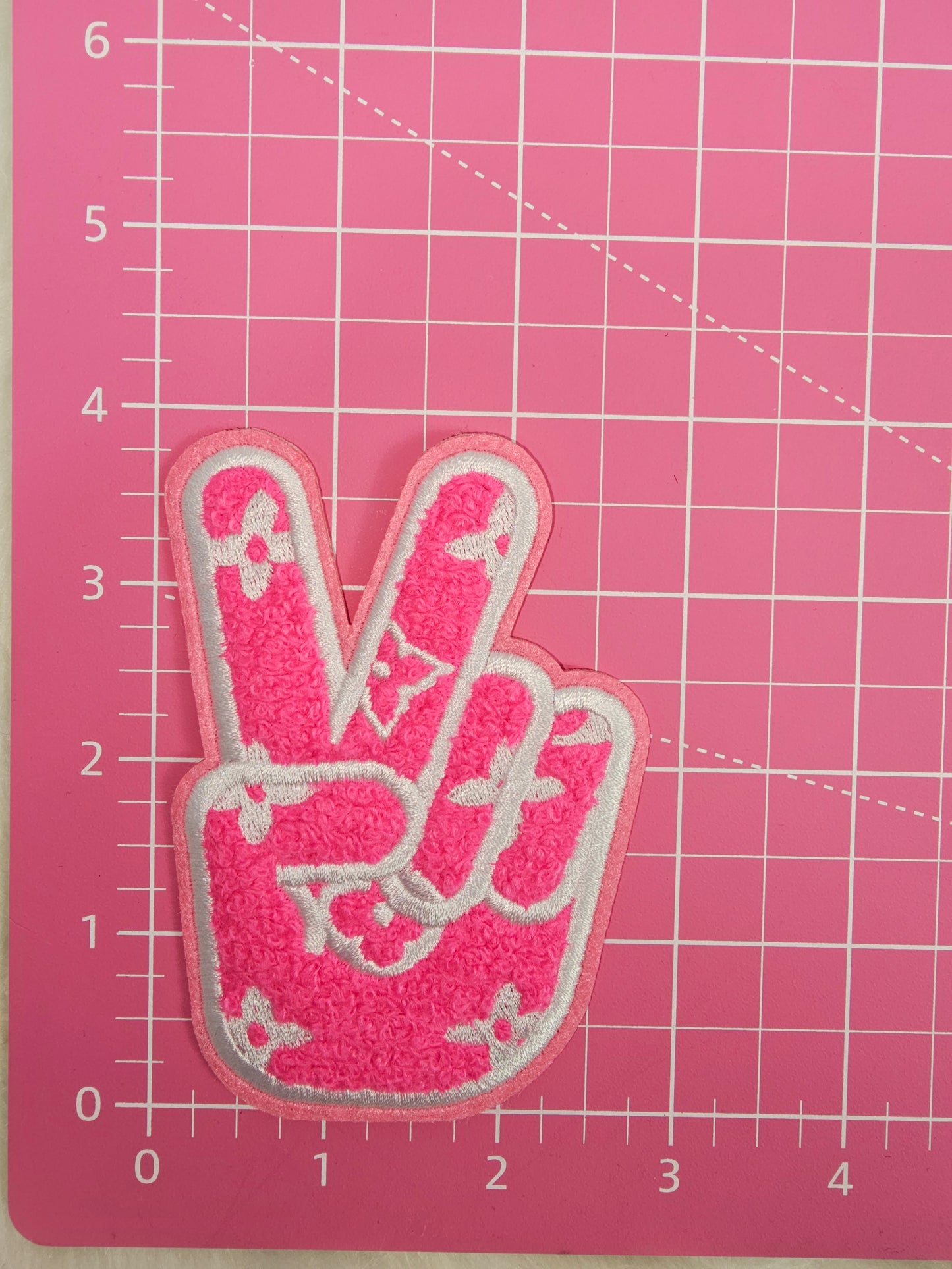 Hot Pink L V Preppy Peace Sign on Pink Felt Chenille Iron-on Patch