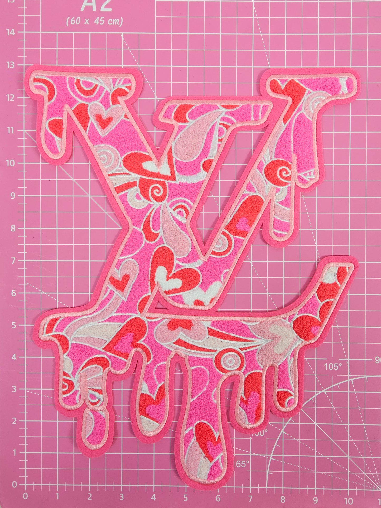 L V Drip with Pink Hearts on Pink Felt Chenille Iron-on Patch