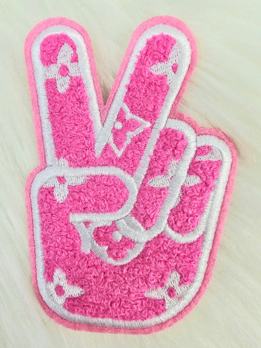 Hot Pink L V Preppy Peace Sign on Pink Felt Chenille Iron-on Patch