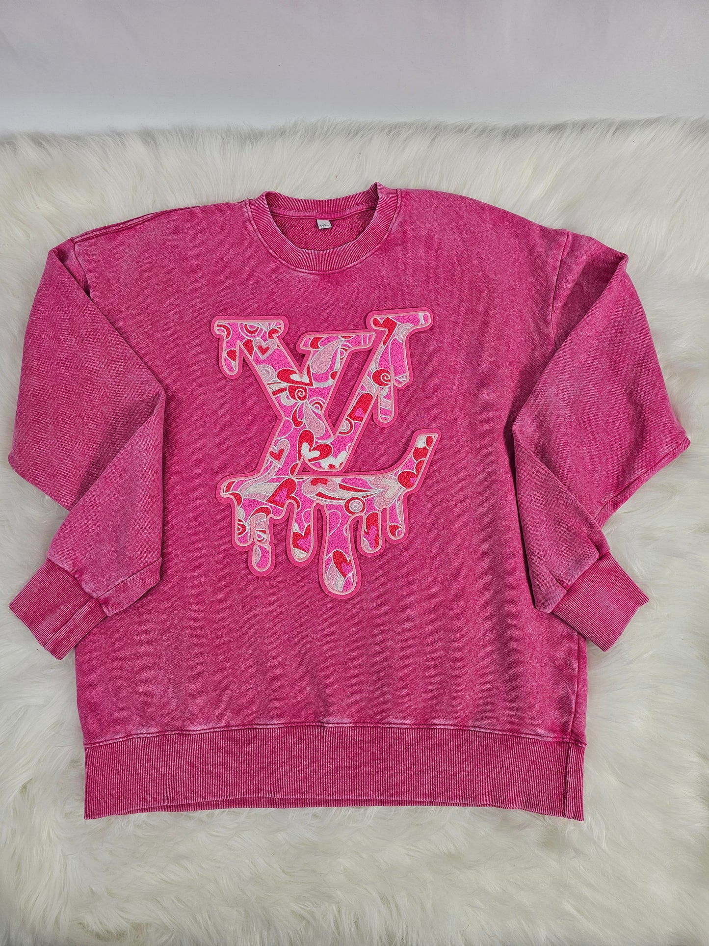 L V Drip with Pink Hearts on Pink Felt Chenille Iron-on Patch