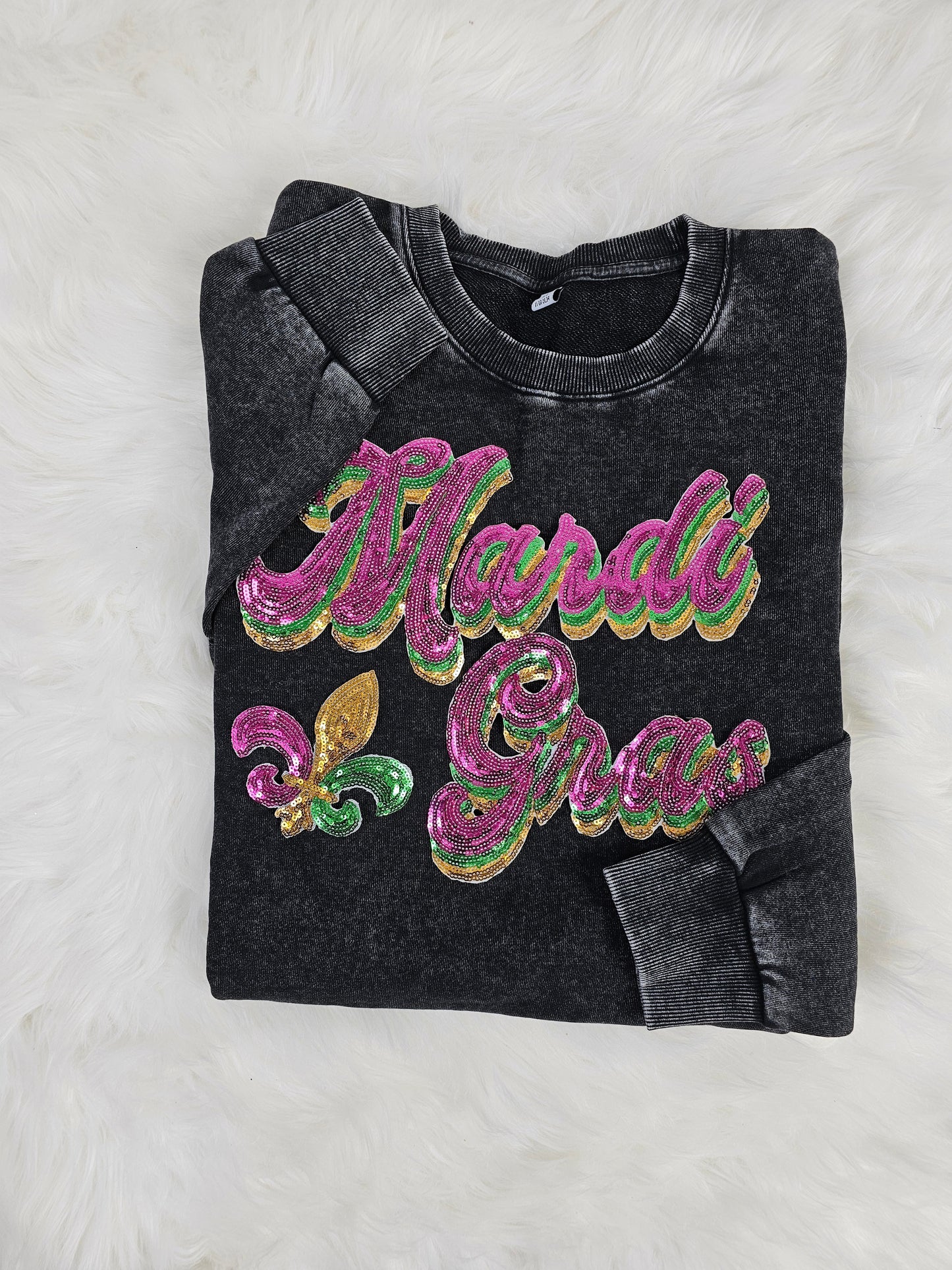 Mardi Gras With Fleur-De-Lis Sequin Acid Wash Black Crew by Pretty Preppy Co.