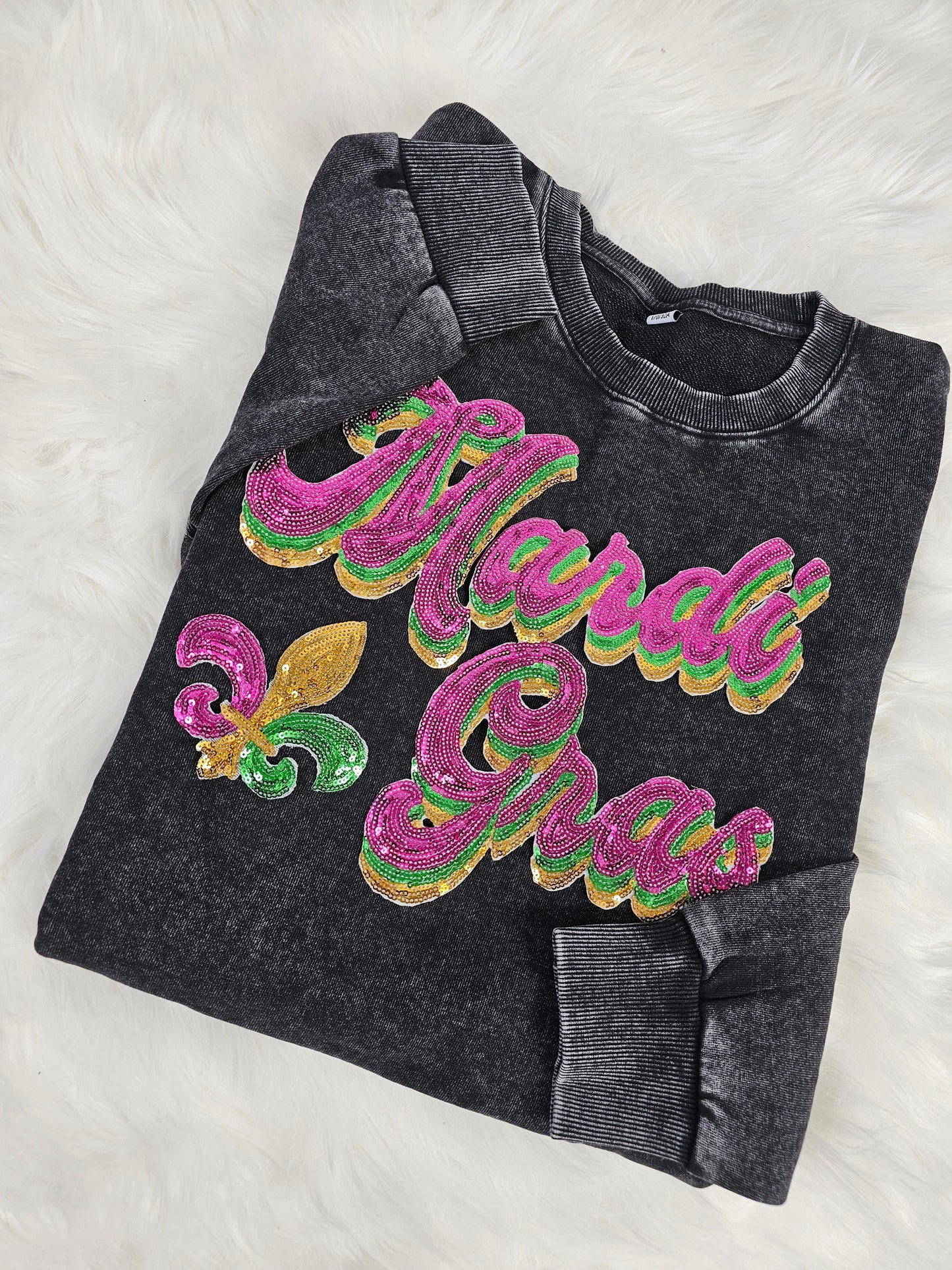 Mardi Gras With Fleur-De-Lis Sequin Acid Wash Black Crew by Pretty Preppy Co.