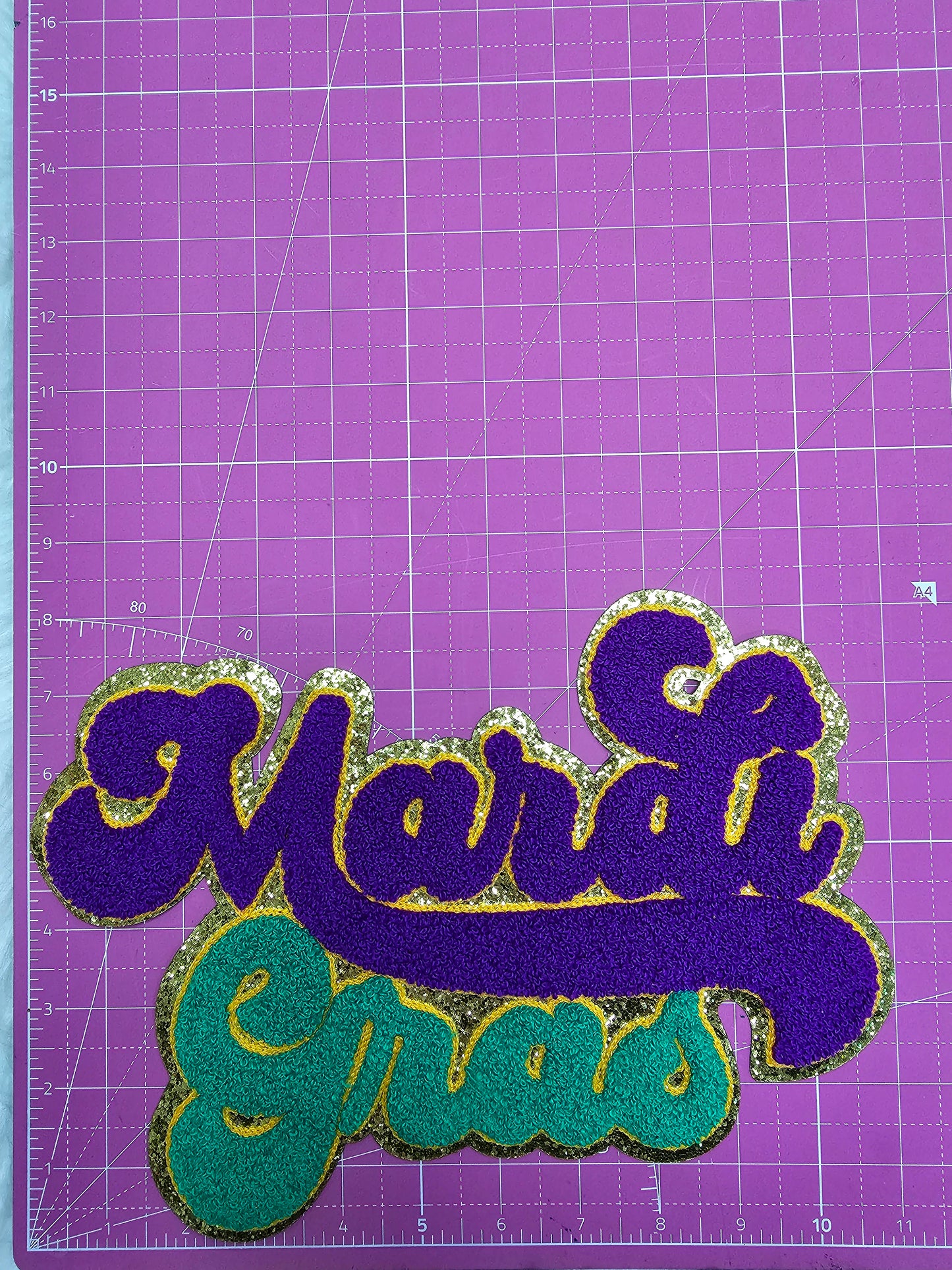 Large Mardi Gras Chenille Embroidery Iron On Gold Glitter Patch