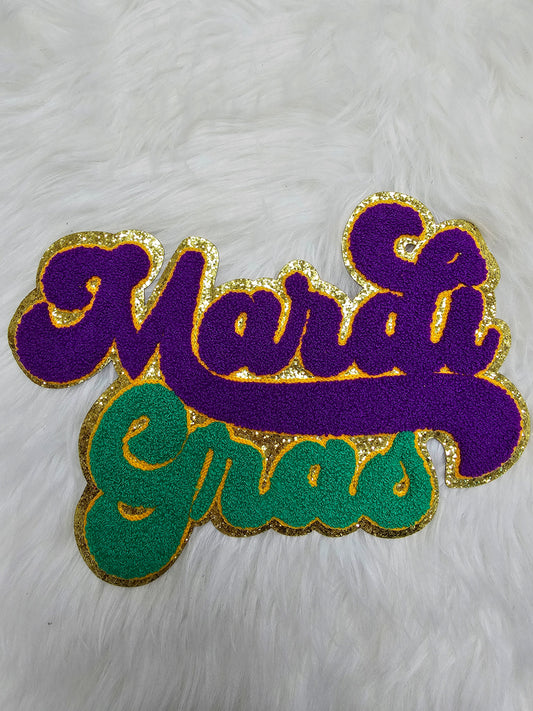 Large Mardi Gras Chenille Embroidery Iron On Gold Glitter Patch