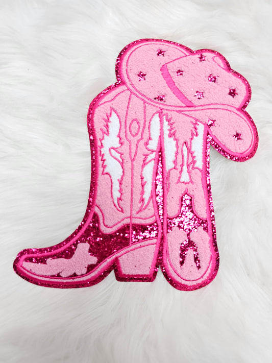 Pink Cowgirl Boots on Pink Glitter Large Chenille Iron-on Patch