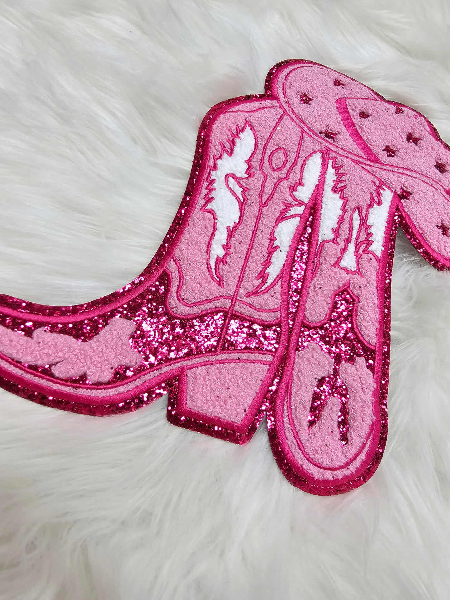 Pink Cowgirl Boots on Pink Glitter Large Chenille Iron-on Patch