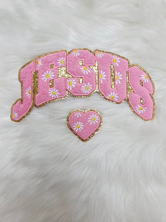 Pink JESUS with Daisy Flowers and Heart Chenille on Gold Glitter Iron-on Patch