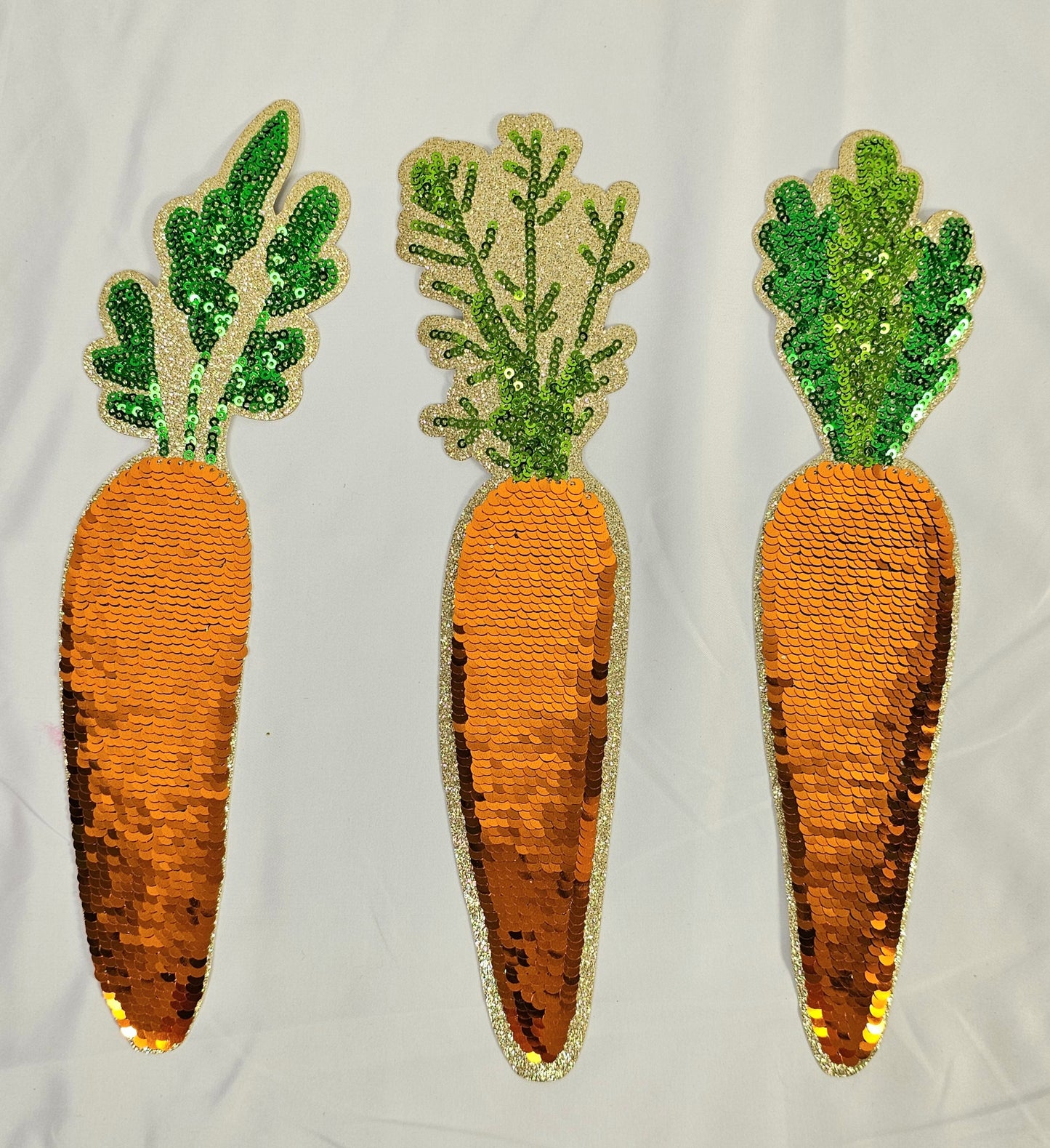 Large Easter Bunny Carrots Sequin on Gold Glitter Iron On Patch